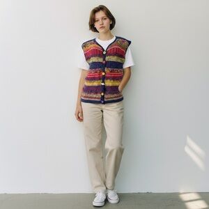 VTG Women Striped Knitted Vest Colorful Textured Button Up Sleeveless Sweater OS